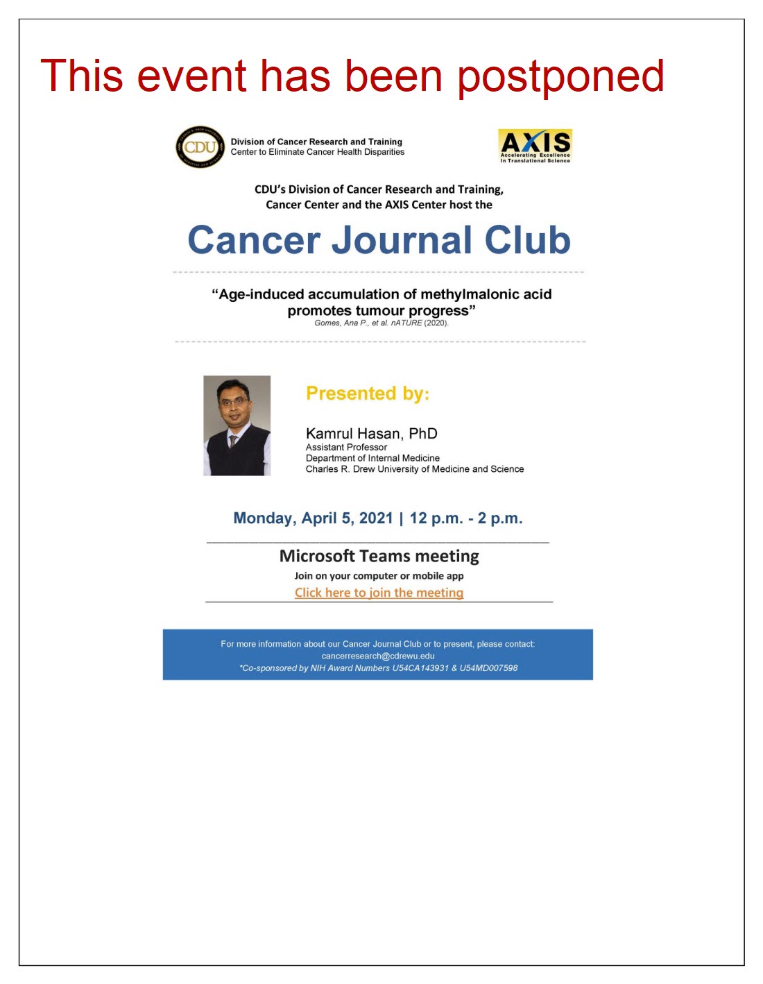 CDU Cancer Journal Club with Dr. Kamrul Hasan | April 5 | Charles R. Drew  University of Medicine and Science