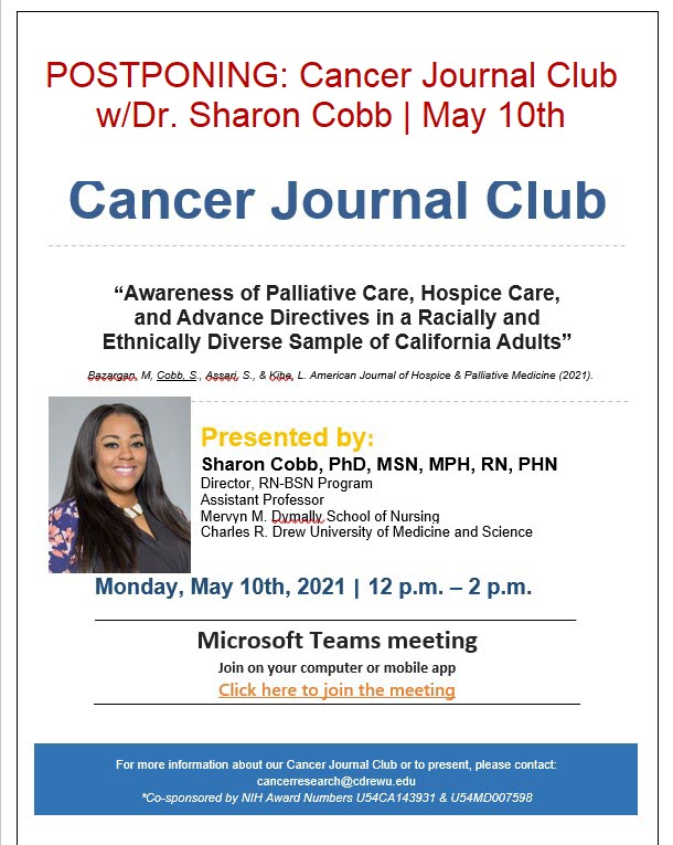 CDU Cancer Journal Club with Dr. Sharon Cobb | May 10th | Charles R. Drew  University of Medicine and Science